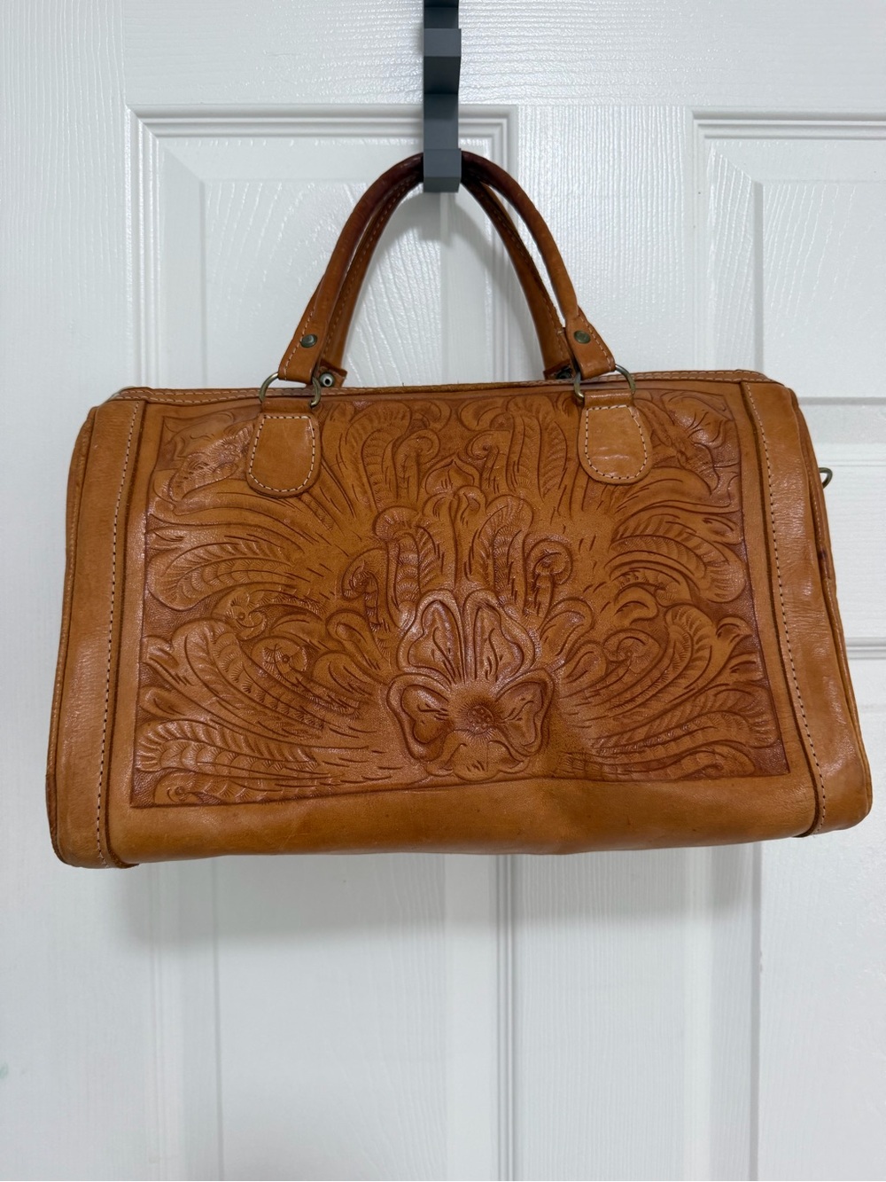 Vintage Hand Tooled Leather Western Satchel Bag Boho Mexican Artisan Tote